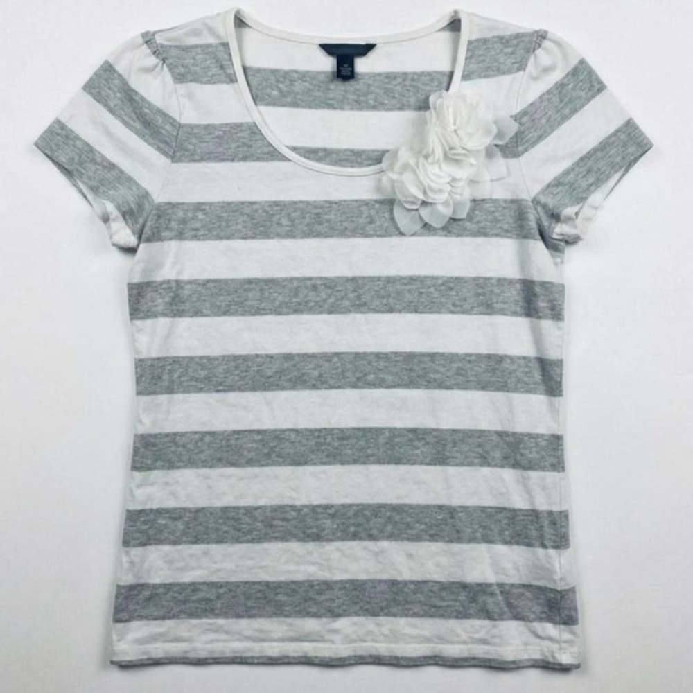 Tommy Hilfiger Gray and White Striped Tee with Floral Detail
